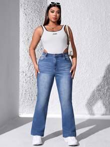 SHEIN EZwear Kích thước lớn Thon gọn Quần denim - Rửa nhẹ - Xem 4