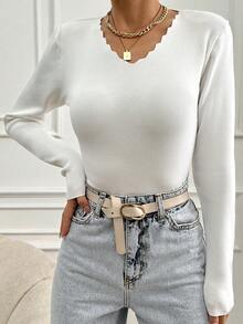 EURMUSE Ladies' Ribbed Knit Sweater With Long Sleeves - White - View 4