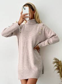 EURMUSE Turtleneck Button Detail Drop Shoulder Sweater - Dusty Pink - View 3