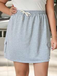 Dazy Plus 大码女式抽绳腰侧袋裙秋季半身裙 - 灰色 - 查看 6