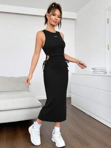 SHEIN EZwear 女用字母貼片羅紋背心連身裙 - 黑色 - 查看 3