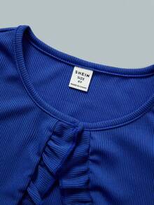 SHEIN Little Girls' Floral Print Spaghetti Strap Dress And Ruffle Hem Jacket Set - Blue and White - View 5