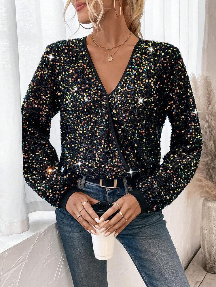 Lantern Sleeve Wrap Sequined Shirt