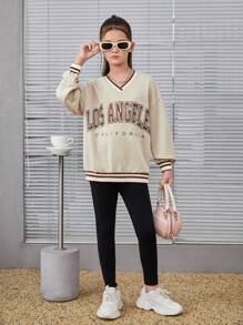 SHEIN Felpa con scollo a V, spalle scoperte, stampa a righe e lettera, con dettagli sul bordo, di stile urban fashion per ragazze adolescenti - Cachi - Visualizzare 1
