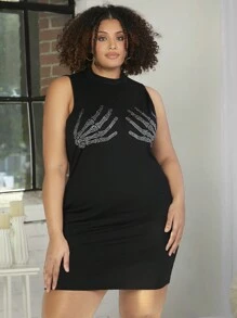 SHEIN CURVE+ 大碼鑲鑽骷髏與手紋印花連衣裙 - 黑色 - 查看 6