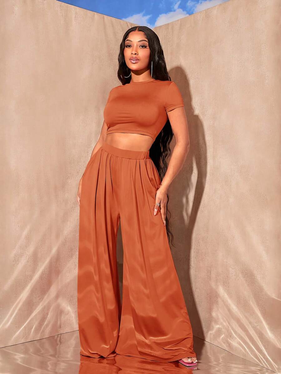 SHEIN SXY Ngắn tay Quần skinny Áo thun Và Quần ống rộng Bộ - Rỉ Nâu - Xem 1