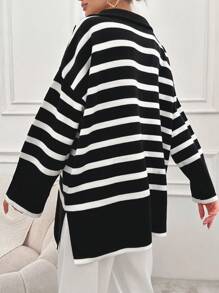 EURMUSE Women's Striped Half Zipper Drop Shoulder Sweater - Black and White - View 2