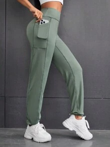 SHEIN Daily&Casual 女款寬鬆腰帶運動褲,設有手機口袋和彈性口袋 - 綠色 - 查看 1