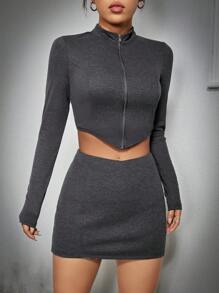 SHEIN EZwear Zipper Front T-shirt And Skirt Set