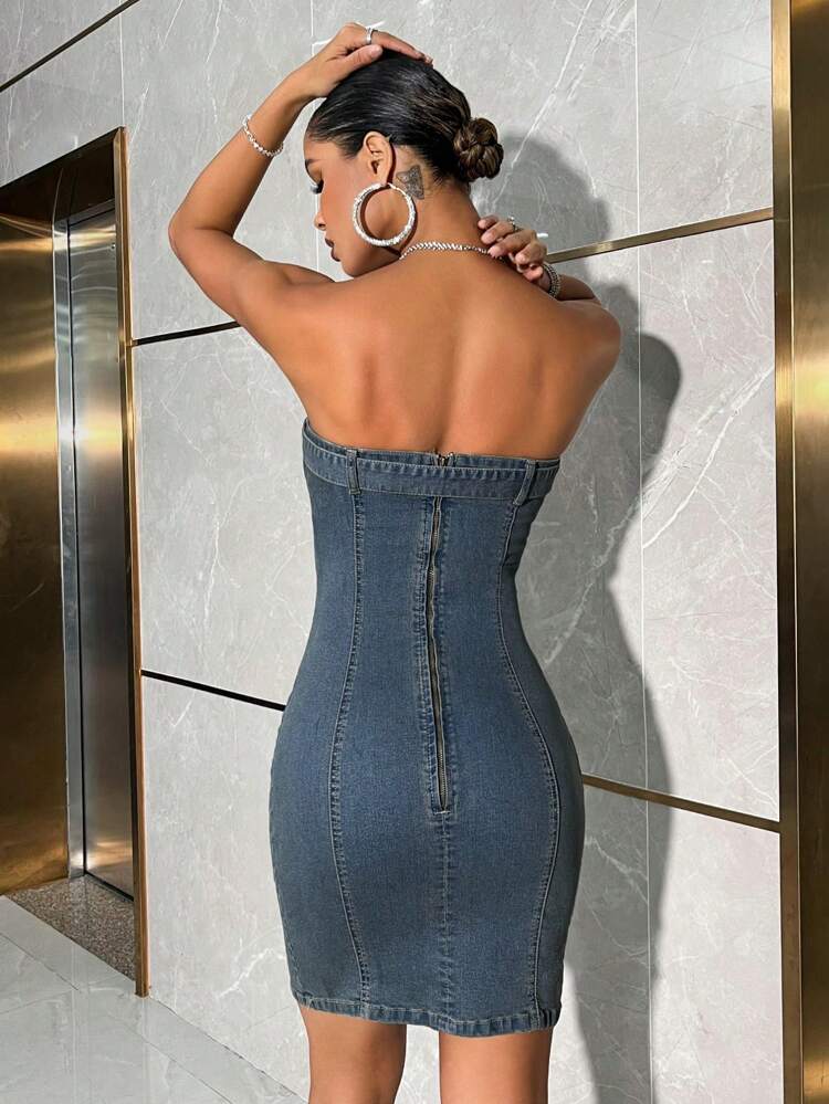 Strapless Bodycon Denim Dress With Button Decoration