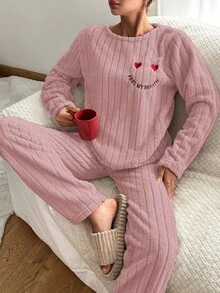 SHEIN Cottnline Flannel Embroidery Heart & Letter Print Home Wear Set - Watermelon Pink - View 4