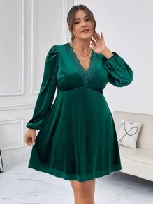 SHEIN Privé 大碼花邊接插連衣裙,邊緣呈現波浪形 - 墨綠色 - 查看 5