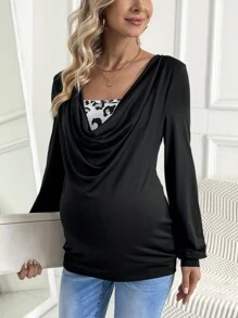 SHEIN 孕妇豹纹拼接宽松圆领长袖运动衫孕妇装冬季 - 黑色 - 查看 6