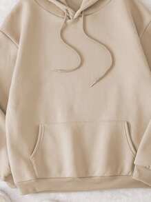 INAWLY 熊和標語圖案抽繩加絨內裏連帽衫 - 卡其色 - 查看 2