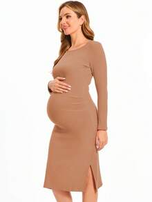Maternity Solid Color Long Sleeve Hip Cover Dress - Apricot - View 5