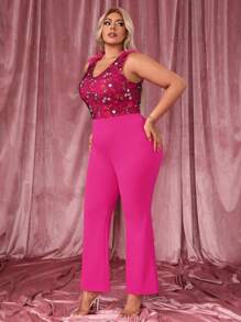 SHEIN SXY Plus Floral Embroidered Mesh Panel Flare Leg Jumpsuit - Hot Pink - View 4