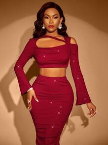 Zolique 紅色長袖短上衣+裙子兩件套 - 酒紅色 - 查看 6