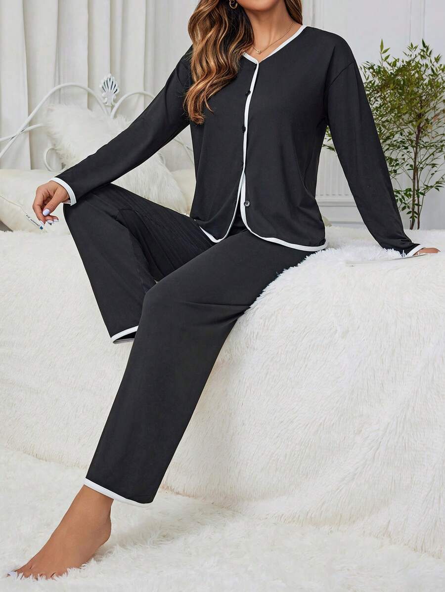 Patchwork Krawędź Długi Rękaw Odzież Domowa Komplety Biżuterii