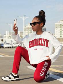 SHEIN Tween Girl Winter Warm Casual Letter Print Round Neck Sweatshirt And Pants Set