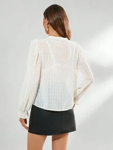 SHEIN Privé Long Sleeve Shirt With Ruffle Trim And Notched Neckline - White - View 2