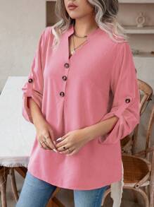 SHEIN LUNE 女款大尺碼純色捲袖襯衫 - 粉色 - 查看 3