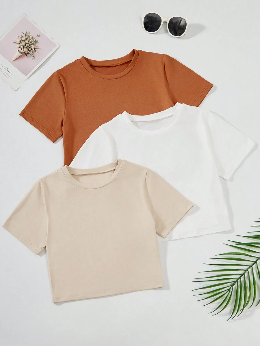 SHEIN 3pcs/Set Solid Color Short Sleeve T-Shirts For Tween Girls - Multicolor - View 1