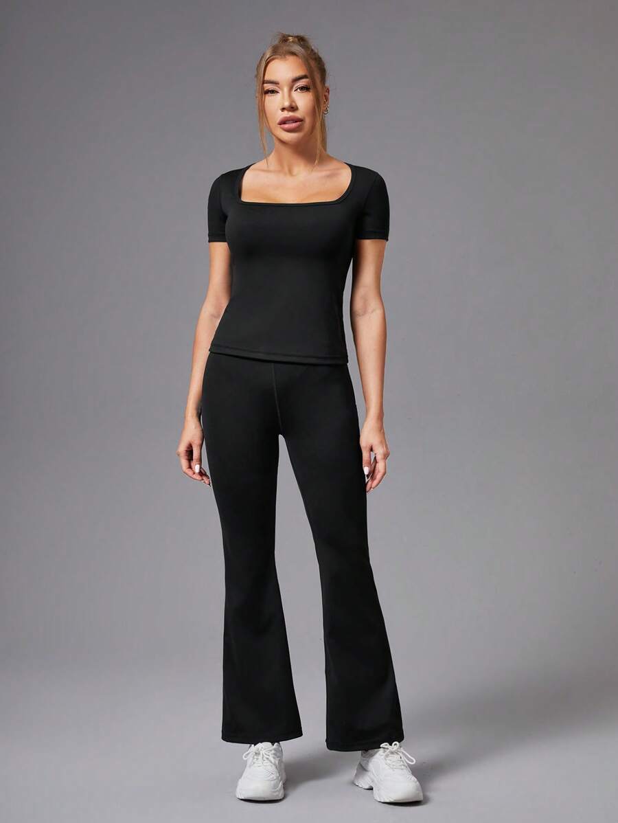 SHEIN Daily&Casual Square Neck Short Sleeve Tshirt And Flared Pants
