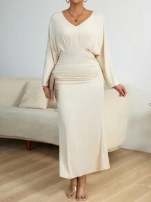 SHEIN Clasi Plus Size Women's Batwing Sleeve Pleated Dress - Apricot - View 4