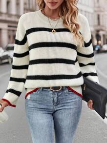 SHEIN Essnce Sọc Thả vai Áo len - Màu Khaki - Xem 1