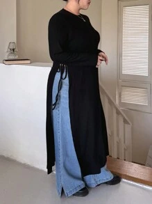 Dazy Plus Vestido de manga larga con detalle de nudo y abertura lateral, ropa de otoño para tallas grandes