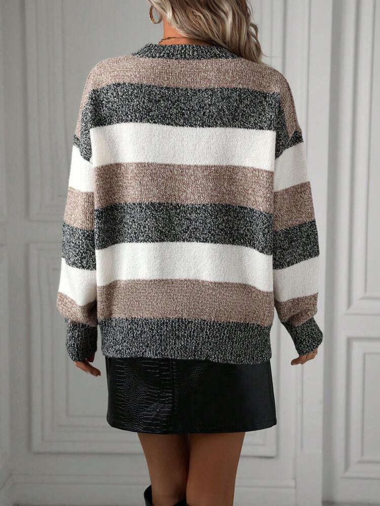 Women's Striped Color Blocking Dropped Shoulder Knit Pullover Fall Winter Sweater