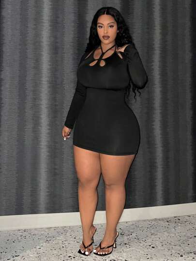 Slaydiva 女士大尺碼空心連身裙,腰部綁帶設計