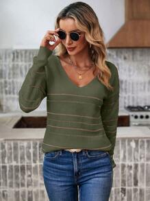 SHEIN LUNE Women's V-neck Striped Sweater - Olive Green - View 1