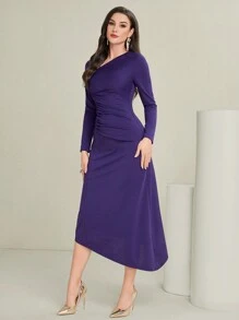 Modelyn 女士不对称领褶皱长袖连衣裙长款晚礼服 - 紫色 - 查看 5