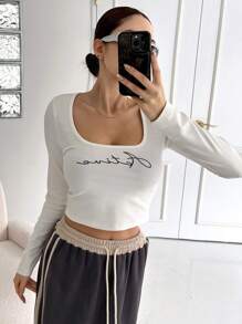 Dazy Star Của phụ nữ In thư Tay áo dài Áo thun - trắng - Xem 3