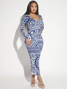 SHEIN SXY Allover Print Scoop Neck Bodycon Dress - Blue - View 4