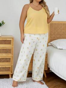 Women's Plus Size Solid Color Camisole With Floral Printed Pants Pajama Set - Multicolor - View 3