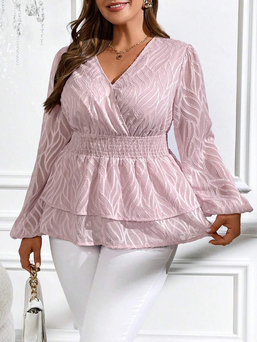 SHEIN Clasi Kích thước lớn Cổ chữ V Eo Kẹp chặt Tay áo lồng đèn Áo sơ mi - Hồng - Xem 1