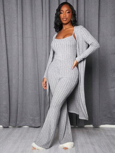 Slaydiva Home Basics Fleece Strip Casual Versatile Cardigan Jacket Camisole Jumpsuit Women's Two-Piece Set