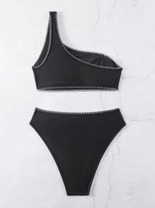 SHEIN Swim Ladies' Color Block Stitching One Shoulder Bikini Set Carnival Summer - Black - View 4