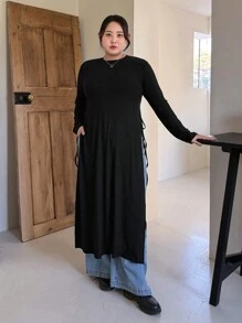 Dazy Plus Vestido de manga larga con detalle de nudo y abertura lateral, ropa de otoño para tallas grandes