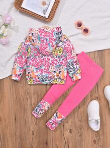 SHEIN Little Girls' Cheetah Print Hoodie And Leggings Set - Hot Pink - View 2