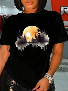 INAWLY 休閒女士落日印花t恤