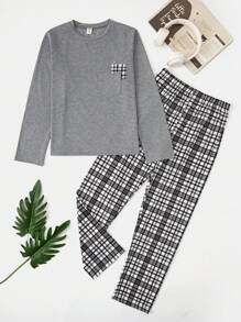 Thiếu niên Con trai Kẻ sọc Quần Trang phục mặc nhà Bộ Với Giường đôi tiêu chuẩn Túi Áo - Xám - Xem 1