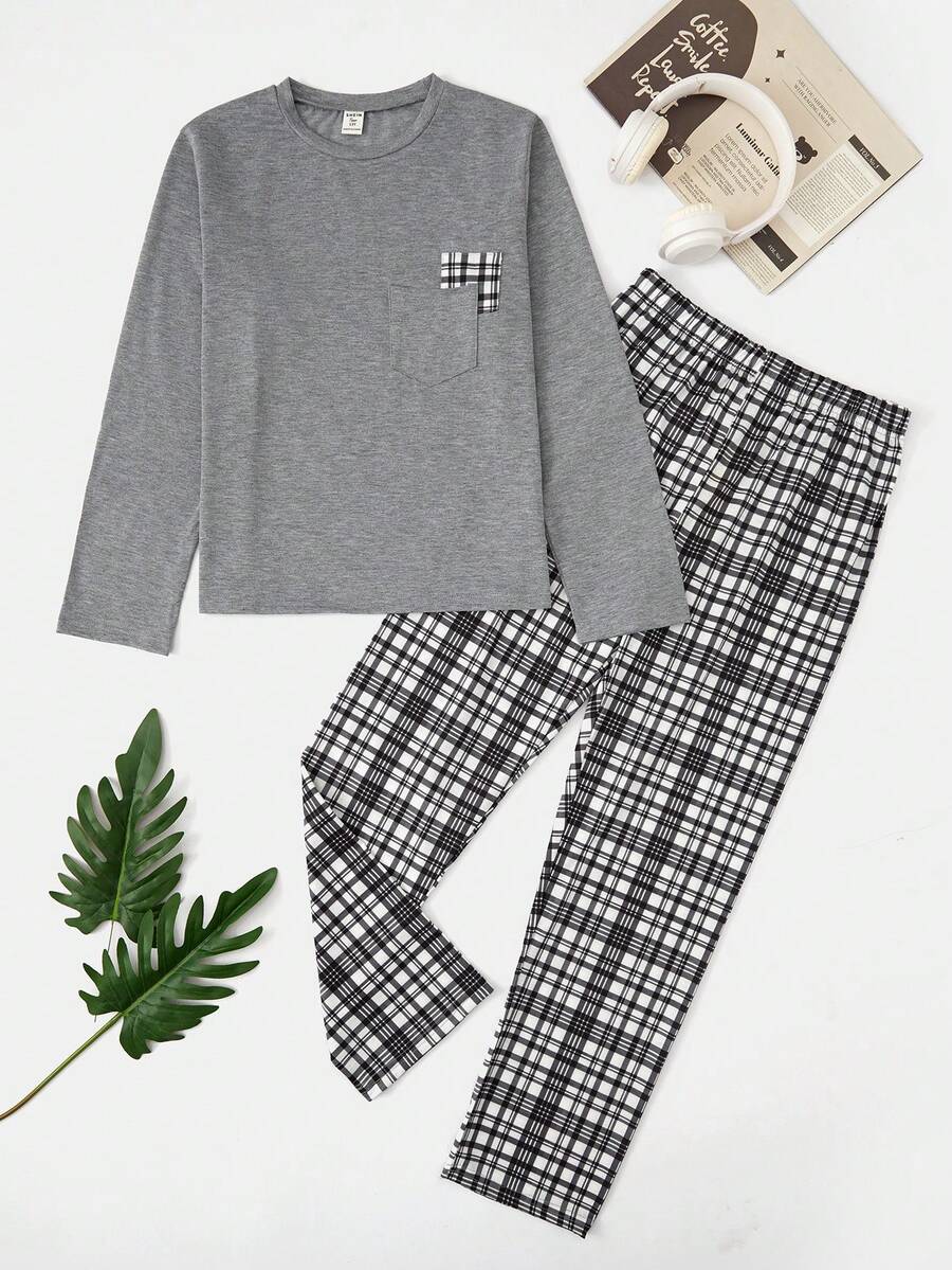 Thiếu niên Con trai Kẻ sọc Quần Trang phục mặc nhà Bộ Với Giường đôi tiêu chuẩn Túi Áo - Xám - Xem 1