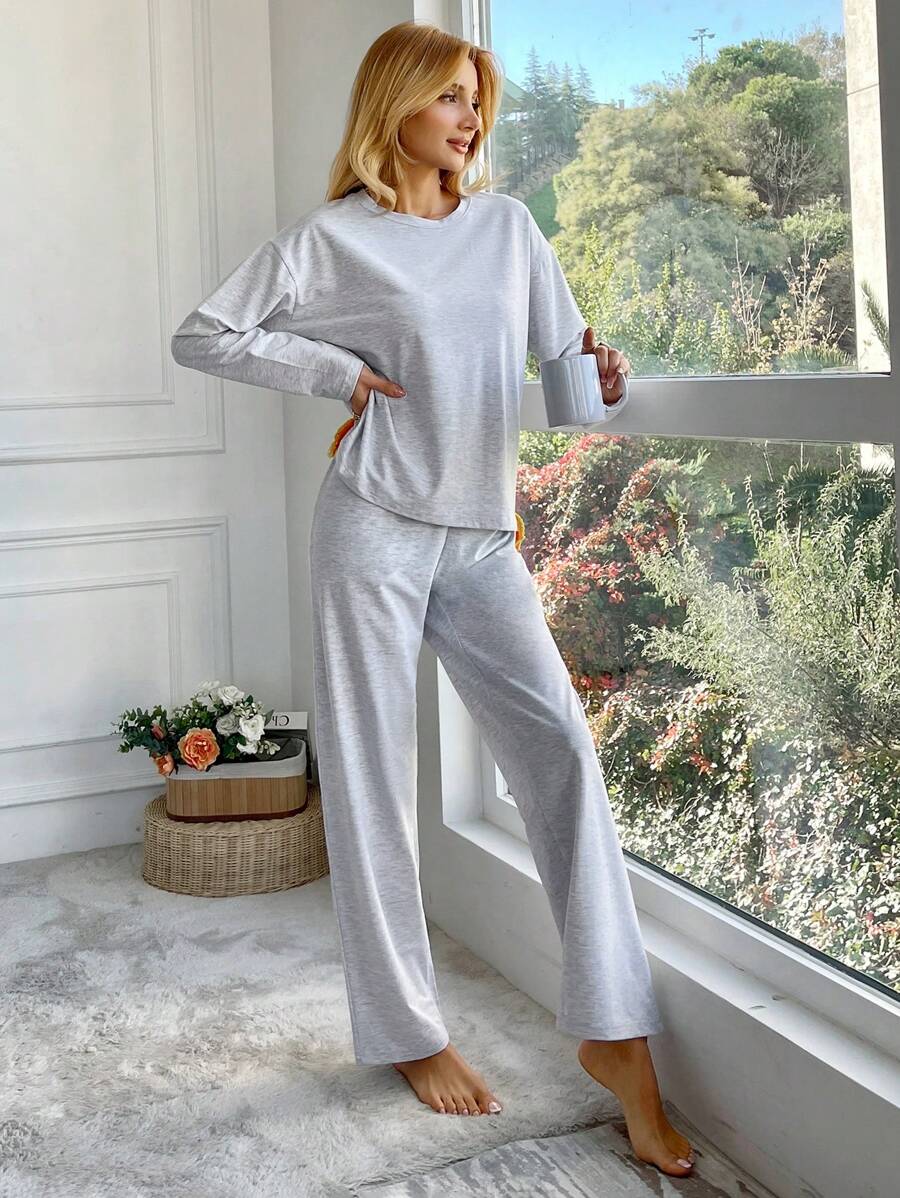 EURMUSE Bộ đồ ngủ cotton trễ vai và quần dài cho nữ - Xám - Xem 1