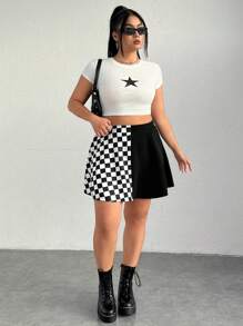 SHEIN EZwear Women's Plus Size Plaid Patchwork Skirt - Black and White - View 7