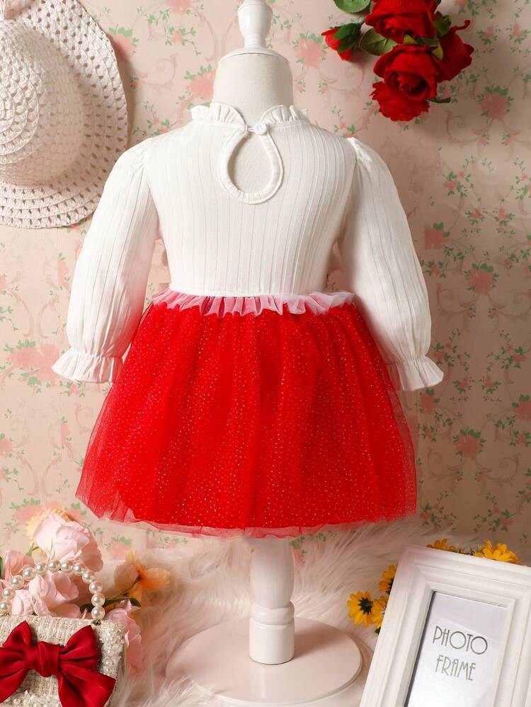 Baby Girls' Houndstooth Mesh Layered Dress With Flare Sleeves