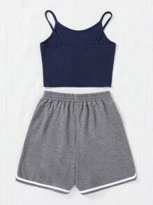 SHEIN Teenage Girls' Knitted Ribbed Cami Top With Letter Print Shorts Set - Blue - View 2