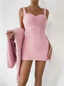 SHEIN Essnce 女士長毛絨純色肩帶連身裙和雙口袋針織開衫兩件套 - 粉色 - 查看 5